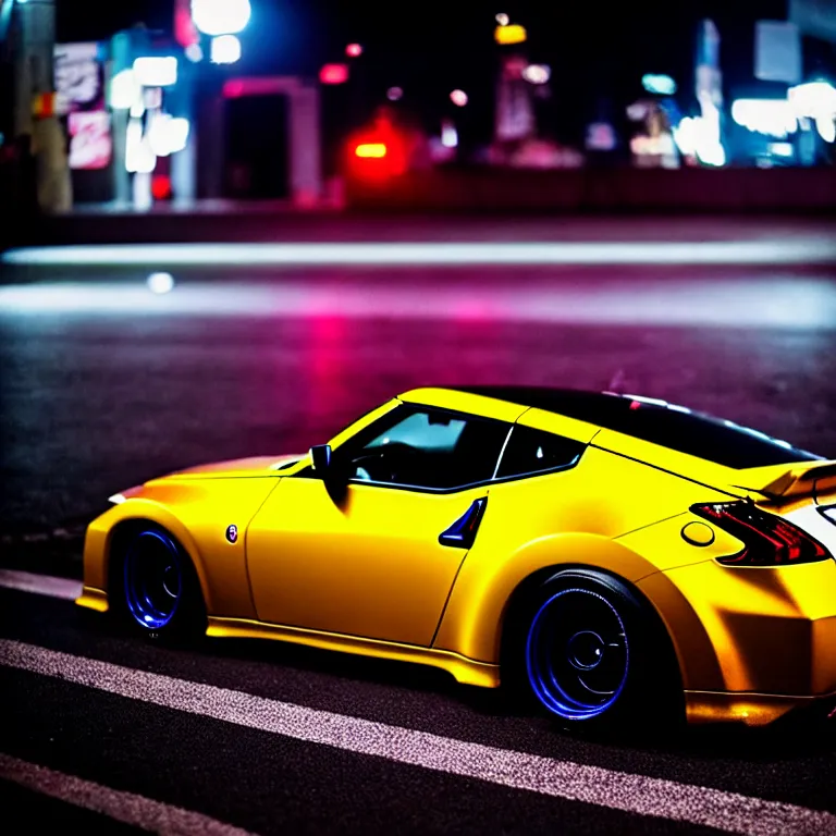 Image similar to close-up-photo Nissan Z32 turbo illegal roadside night meet, work-wheels, Shibuya Shibuya, cinematic colors, photorealistic, highly detailed, night photography