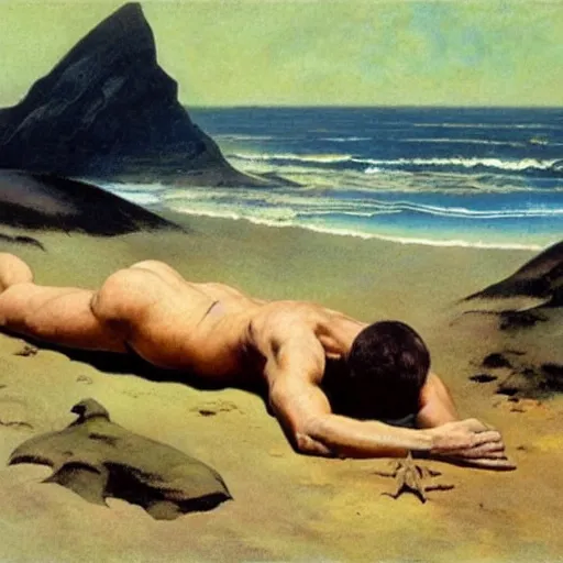 Image similar to a man laying on a Martian beach, frank frazetta