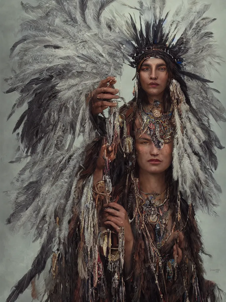 Image similar to A realistic photo centered portrait of a wise and mystical shaman with a head dress made of feathers and beads with dark robes and trinkets of silver casting a magical spell , by Greg Rutkowski, HD , trending on artstation