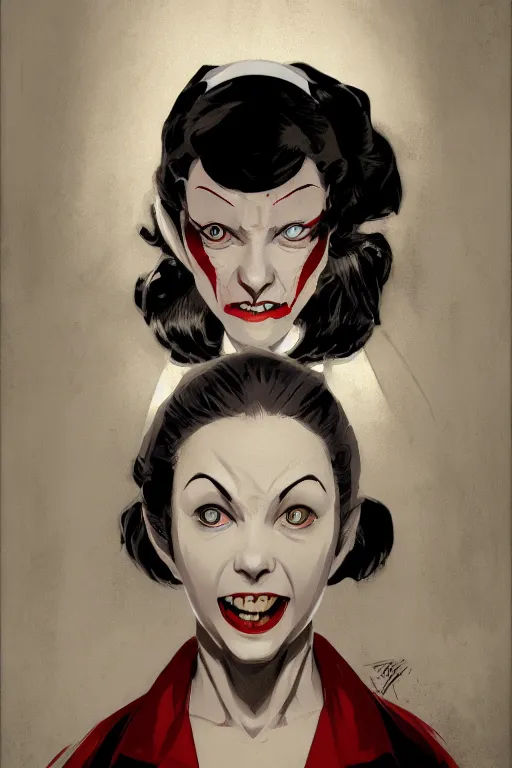 Image similar to scary female vampire nurse, symmetrical face, evil grin, portrait size, cinematic, dramatic, super detailed and intricate, by koson ohara, by darwyn cooke, by greg rutkowski, by satoshi kon