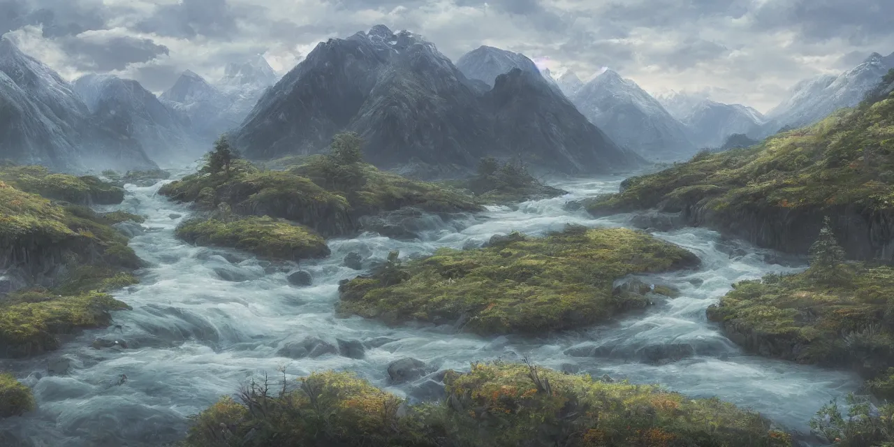 Prompt: a beautiful painting of a scene about a panorama of rivers and mountains, by xun ren and james jean, trending on artstation., ultrawide viewn and highly detailed matte painting