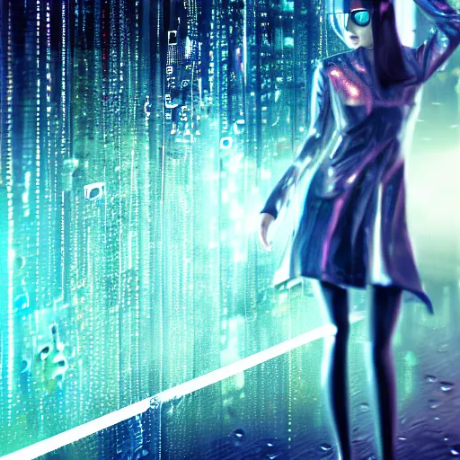 Image similar to hyperdetailed beautiful girl in the rain interacting with a holographic interface on a wall in a future cyber punk style city trending on cgsociety