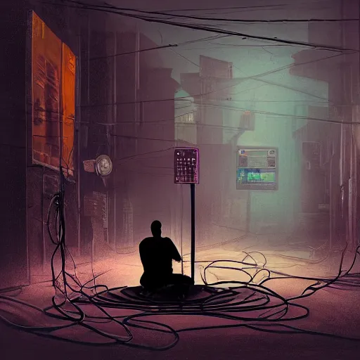 Image similar to A single monk kneeling with wires connecting him to a computer, Nirvana, Machines and wires everywhere, flashing neon lights, creepy, dark shadowy surroundings, dystopian scifi, horror, Stefan Koidl inspired