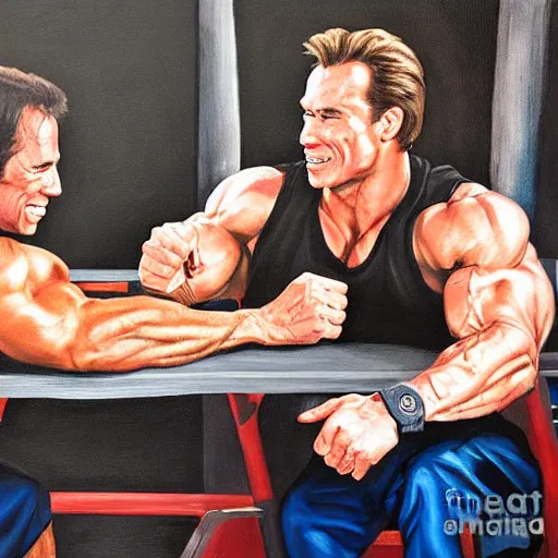 Image similar to henry cavill arm wrestling arnold schwarzenegger, painting, 4 k, sharp focus