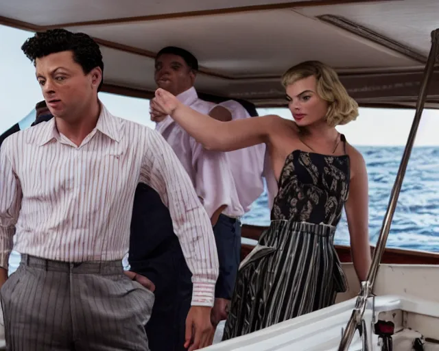 Image similar to handsome 2 1 savage as the wolf of wall street next to margot robbie as naomi from the wolf of wall street on a fishing boat, hyper realistic faces, beautiful eyes, cinematic, long shot, hyper detailed, 8 5 mm photograph, 8 k resolution, film still, sharp lens, wide lens