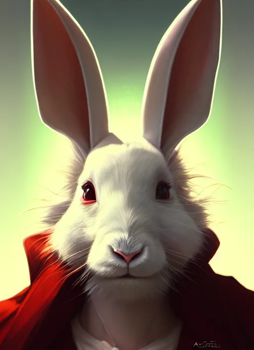 Prompt: close up portrait of anthropomorphic white rabbit, large floppy ears hanging down, relaxed and cool by artgerm, cushart krenz, greg rutkowski, mucha. art nouveau. gloomhaven, vibrant colors, sharp edges. ultra clear detailed. 8 k. elegant, intricate, octane render