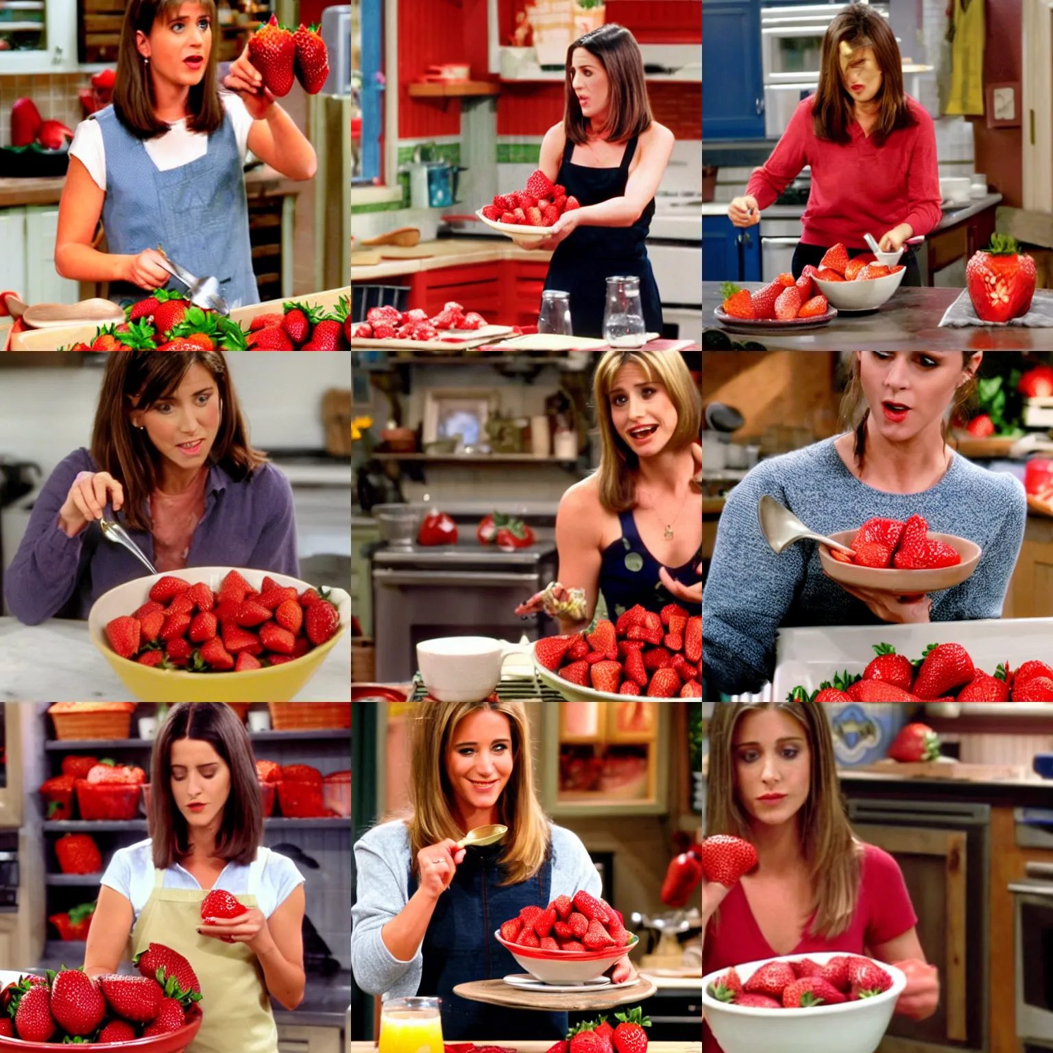 Prompt: rachel from friends smashing a bowl of fresh strawberries