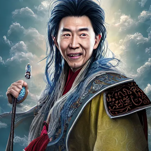 Image similar to portrait painting of a 6 0 year old smile handsome taoist priest, silver ponytail hair, amiable by yangjun chen, huang guangjian, fenghua zhong, wenjun lin, nadar, bright colors, octopath traveler, unreal engine 5 highly rendered, global illumination, radiant light, detailed and intricate environment