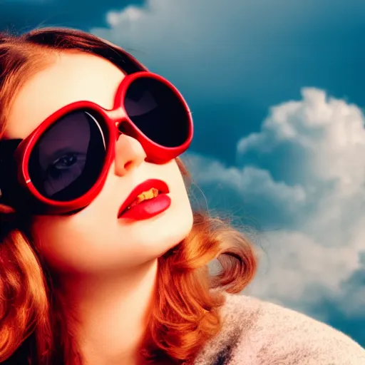 Prompt: analog closeup of a beautiful young woman wearing large aviator goggles, clouds in the background, warm tones, red color bleed, film grain