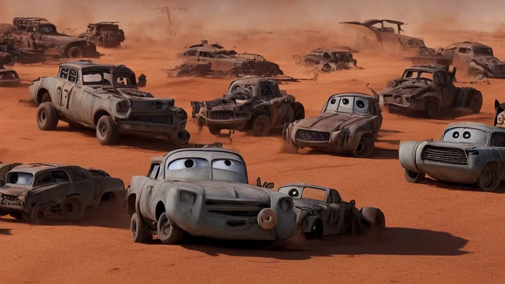 Image similar to pixar cars in mad max fury road, cartoon eyes, war boys, furiosa, explosions, imax