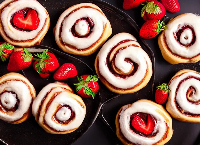 Prompt: sugary hot cinnamon rolls with extra glaze, strawberries, sprinkles, and dollar bills, professional food photography, studio lighting, plating