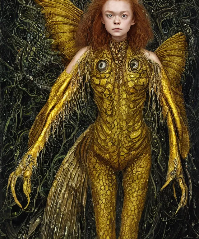 Prompt: a portrait photograph of a fierce sadie sink as a strong alien harpy queen with amphibian skin. she is dressed in a yellow and black lace shiny metal slimy organic membrane vest and transforming into an evil insectoid snake bird. by donato giancola, walton ford, ernst haeckel, peter mohrbacher, hr giger. 8 k, cgsociety