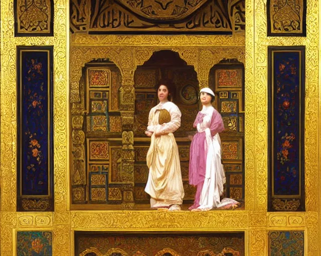 Image similar to a beautiful, detailed oil painting in the orientalist style, of the ornate chambers of an oriental arabian princess, with screens and silks, by frederic leighton