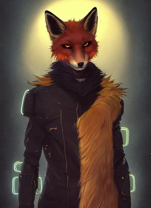 Image similar to award winning beautiful portrait commission of a male furry anthro melanated fox fursona with a tail and a cute beautiful attractive detailed furry face wearing stylish black and gold cyberpunk clothes in a cyberpunk city at night while it rains. Character design by charlie bowater, ross tran, artgerm, and makoto shinkai, detailed, inked, western comic book art