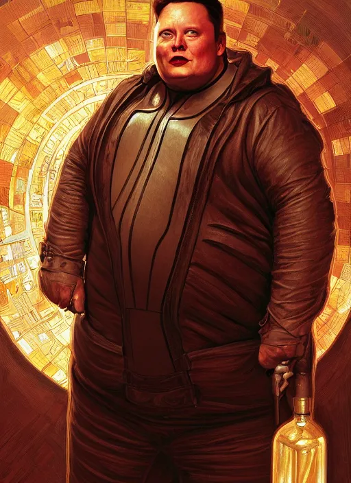 Image similar to elon musk as vladimir harkonnen!!, obese, portrait, intricate, elegant, highly detailed, digital painting, artstation, concept art, wallpaper, smooth, sharp focus, illustration, art by h. r. giger and artgerm and greg rutkowski and alphonse mucha