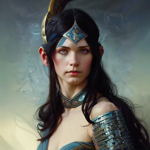 Image similar to Portrait of female warrior, D&D, blue eyes, face, long black hair, fantasy, intricate, elegant, highly detailed, digital painting, artstation, concept art, smooth, sharp focus, illustration, art by artgerm and greg rutkowski and alphonse mucha