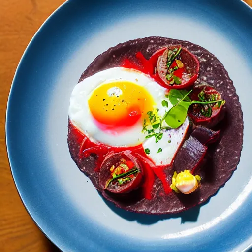 Prompt: black pudding ceviche in leche de tigre, roasted tomatoes, fried egg, chili oil, michelin starred restaurant, award winning photography, noma, by rene redzepi, by pierre gagnaire, food photography, highly detailed, culinary plating