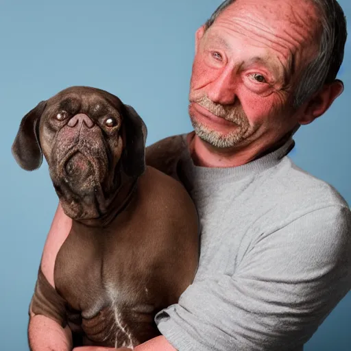 Image similar to worlds ugliest man with his ugly dog, portrait photography