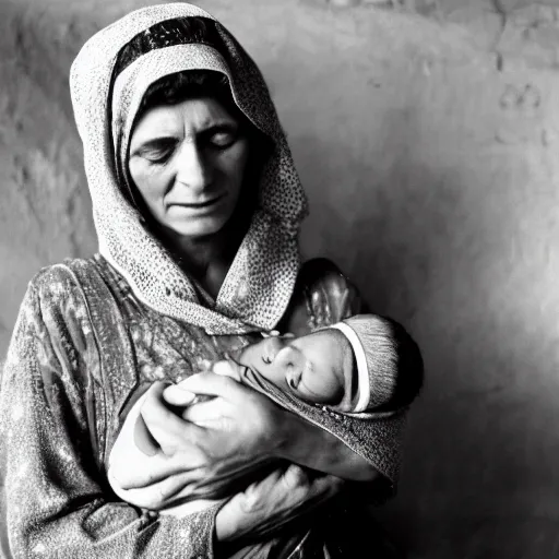 Image similar to film still of 80 year old sentimental Mediterranean skinned woman in ancient Canaanite clothing holding a newborn baby, crying, awe, love, ancient interior tent background, Biblical epic movie,