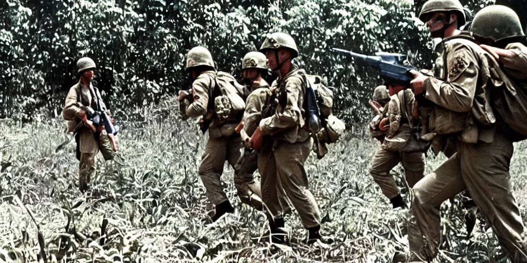 Image similar to u. s. marines move through a landing zone 1 9 6 9, vietnam war, soldiers closeup, face closeup, us flag, jungles in the background, coloured film photography, exposed colour film, ken burns photography lynn novick photography