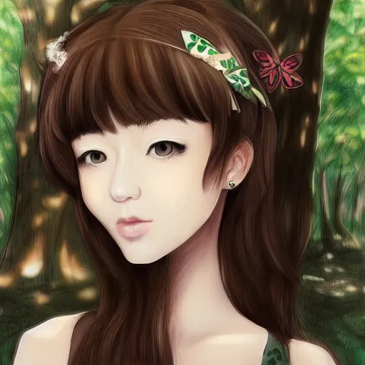 Image similar to detailed cute girl in a forest, style from aoshima chiho, detailed face