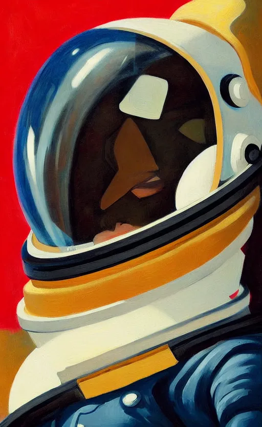 Image similar to Portrait of a woman astronaut with helmet and black latex suit, very coherent, painted by Edward Hopper, painted by James Gilleard, airbrush, art by JamesJean