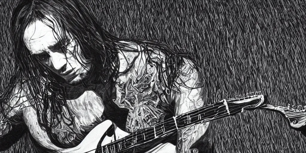 Prompt: john frusciante playing epic solo, black and white, intricate lines, high detailed, dark energy, one subject, by bartosz kosowski