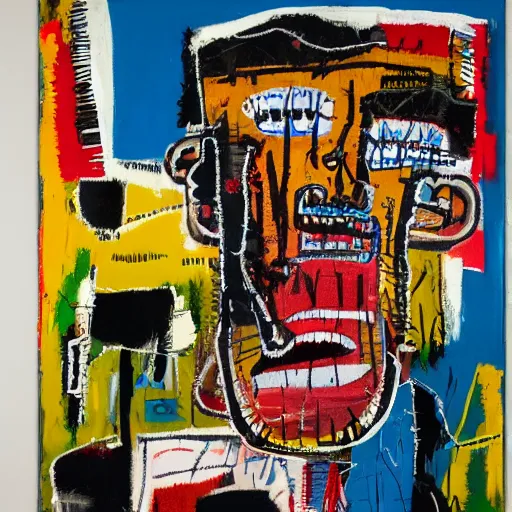 Image similar to mad dog on a chain, collage, acrylic on canvas, expressionism movement, breathtaking detailed, basquiat mixed with blake neubert