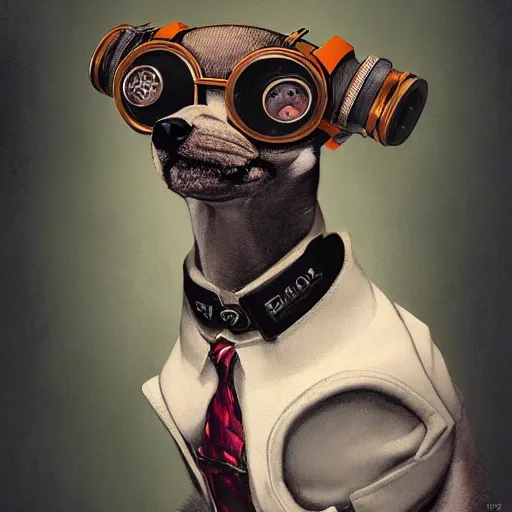 Image similar to ripped physique goggles collar leash Man Steampunk portrait Sherlock Patrick Bateman snout Detective Anthropomorphic furry fuzzy fashion vogue Chihuahua man wearing a Chihuahua costume wearing an artificer costume gerald brom bastien grivet greg rutkowski norman rockwell portrait face head snout ears eyes illustration tombow