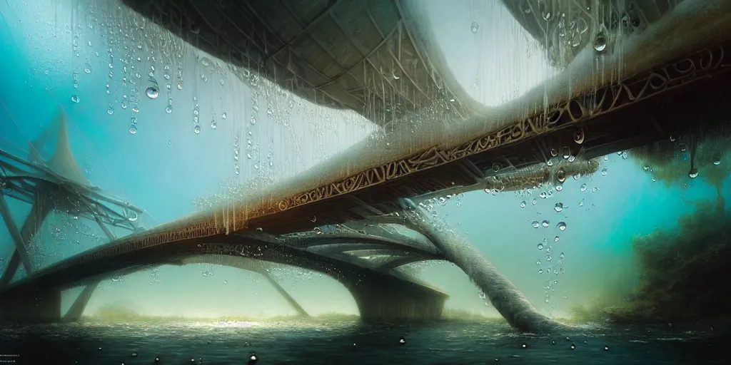 Image similar to study material with side perspective, transparent water River flow, realistic water foam,agua droplets, underwater, bridge made of water ,physically based rendering, defined features by ellen jewett, tomasz alen kopera and Justin Gerard