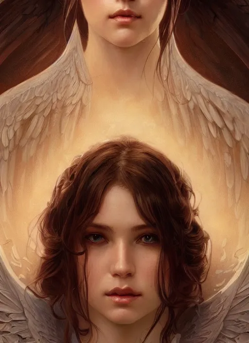 Image similar to close up portrait of beautiful angel, d & d, face, fantasy, intricate, elegant, highly detailed, digital painting, artstation, concept art, smooth, sharp focus, illustration, art by artgerm and greg rutkowski and alphonse mucha