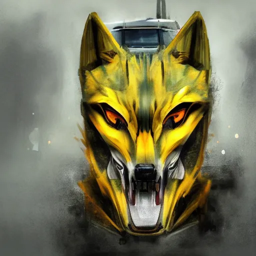 Image similar to Transformer hybrid of bus and wolf, having cabin if form of wolf head with big yellow eyes looking at us full of rage and long mechanical body - it is bus with wheels and windows, mechanical form of life, oil on canvas, fantasy, magic, dream, digital painting, concept art, smooth, sharp focus, illustration, artstation trending, octane render, unreal engine, anime style, cyberpunk