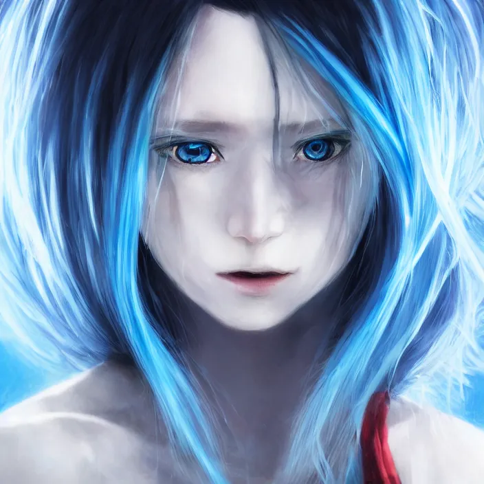 Image similar to full face shot of rimuru tempest, sky blue straight hair, long bangs, with amber eyes, wearing a black jacket, high collar, ultra detailed, concept art, award winning photography, digital painting, cinematic, wlop artstation, closeup, pixiv, evil, yoshitaka amano, andy warhol, ilya kuvshinov,