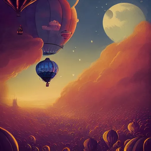 Image similar to a beautiful stunning fantasy whimsical matte digital illustration of a hot - air balloon race at night by marc simonetti and anato finnstark, disney steampunk, chiaroscuro magical bokeh moon stars, trending on artstation hq, masterpiece