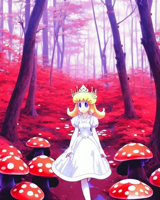 Prompt: princess peach from mario walking through a red and white spotted mushroom forest | | very very anime!!!, fine - face, realistic shaded perfect face, fine details. anime. realistic shaded lighting poster by ilya kuvshinov katsuhiro otomo ghost - in - the - shell, magali villeneuve, artgerm, jeremy lipkin and michael garmash and rob rey