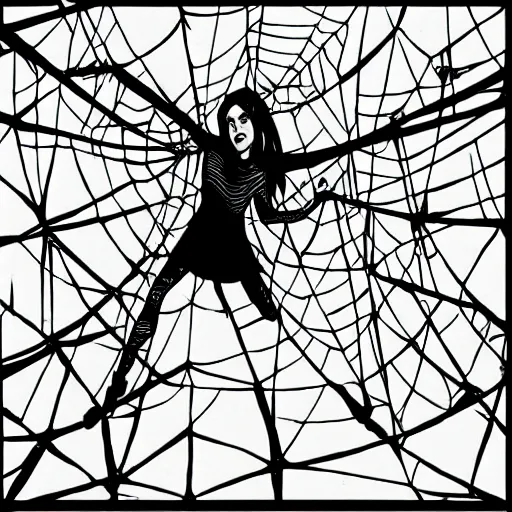 Image similar to emma watson hanging from and trapped in a giant spider web, cartoon