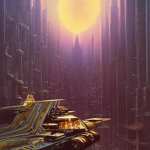 Image similar to sci - fi, dystopian bounty hunter, art by bruce pennington