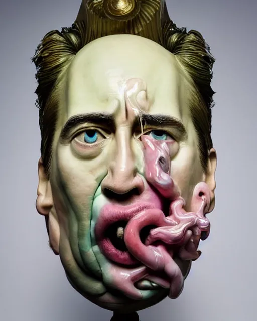 Prompt: a massive porcelain sculpture in the astral realm of nicholas cage's face spewing brass instruments from his mouth, in the style of johnson tsang, funny sculpture, lucid dream series, oil on canvas, francis bacon