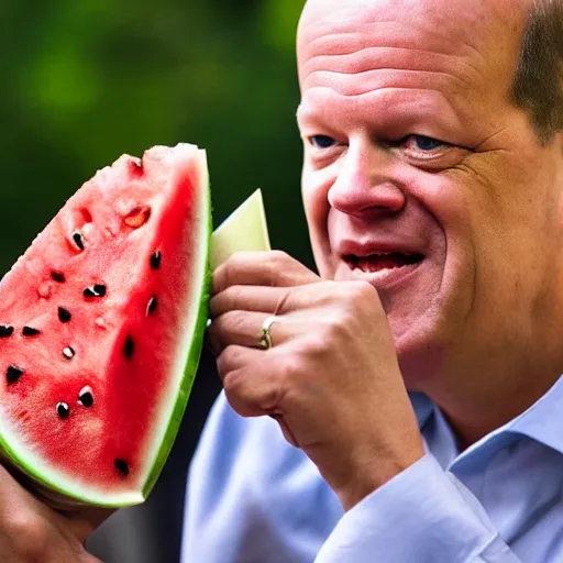 Prompt: olaf scholz eating a whole watermelon