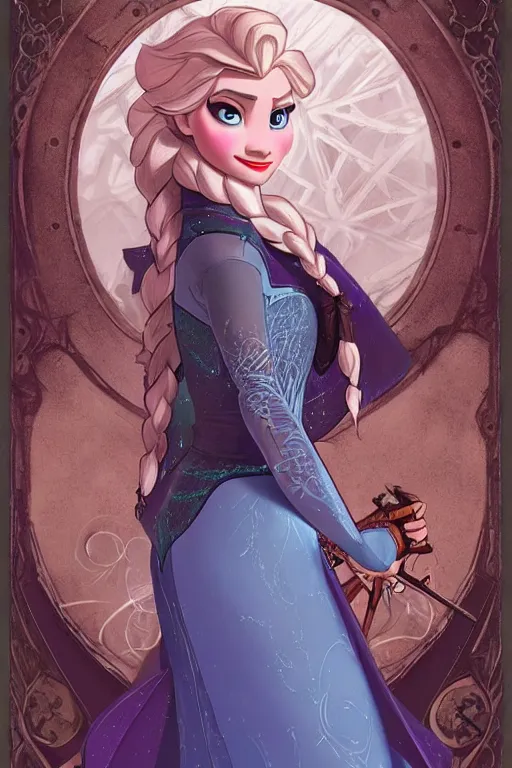 Prompt: elsa from frozen as steampunk half - cyborg, western gunslinger, high fantasy, dnd, smooth, sharp focus, illustration, highly detailed, digital painting, artstation, concept art, by disney animation, rossdraws, alphonse mucha, frank fanzzeta, collectible card art