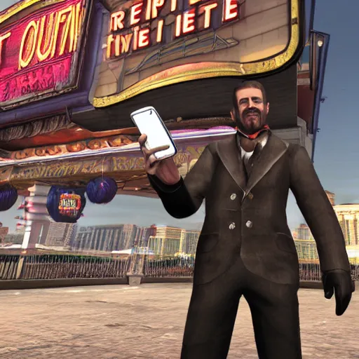 Image similar to Mr Robert House from Fallout New Vegas, taking a selfie on the Las Vegas Strip, real, 8k,