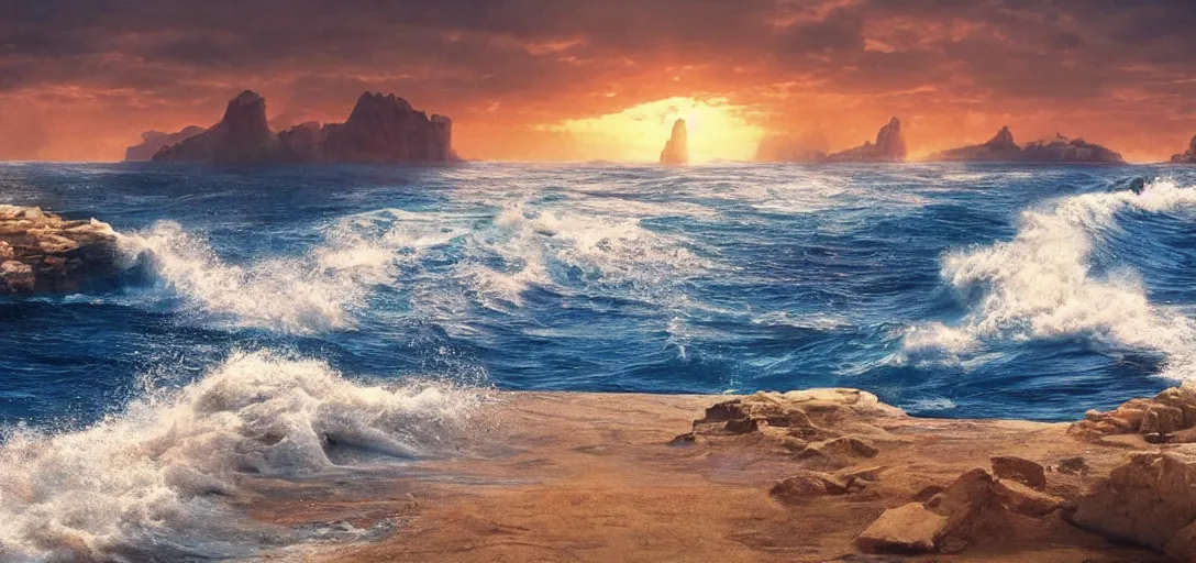 Image similar to a very high resolution image from a scene where moses splits the two seas apart. beautiful scenery. photorealistic, photography, directed by tod howard