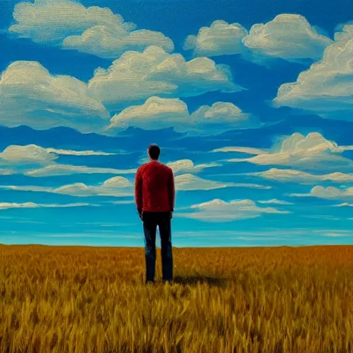 Image similar to a man standing in a open field with a rift in the sky, wide angle shot, hd, intricate detail, painting