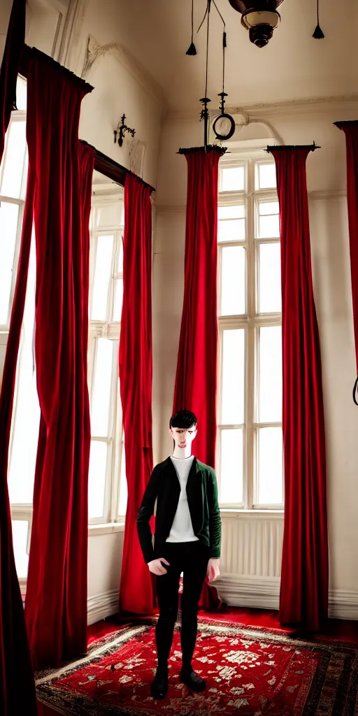 Image similar to androgynous male with black short hair and pale skin is standing in front of a mirror surrounded by victorian interior in a room with tall windows deep red curtains and moos green flooring. volumetric lighting, petspective room layout