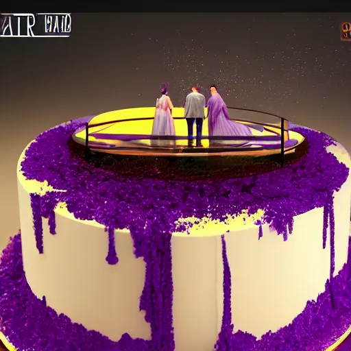 Image similar to a 3 meters-high wedding cake made only of purple tomatoes, beautfiul lighting, cinematic, style of blade runner 2049, hyper detailed, ultra realistic, 8k, trending on art station