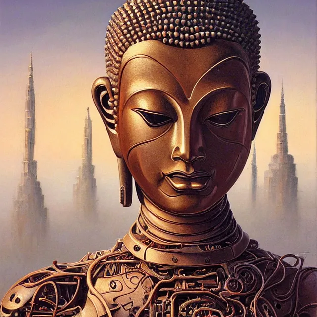 Prompt: perfectly centered portrait, front view of a beautiful biomechanical android alien robot buddha, female, flowing hair, intense stare, sarcastic smile, symmetrical, concept art, intricate detail, volumetric shadows and lighting, realistic oil painting by tim hildebrandt,