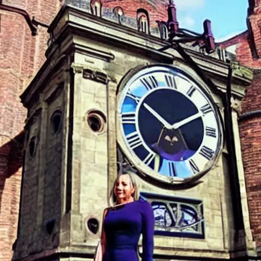 Image similar to A film still of Kaley Cuoco under the Eastgate clock in Chester. Behind her we see a black panther,70mm