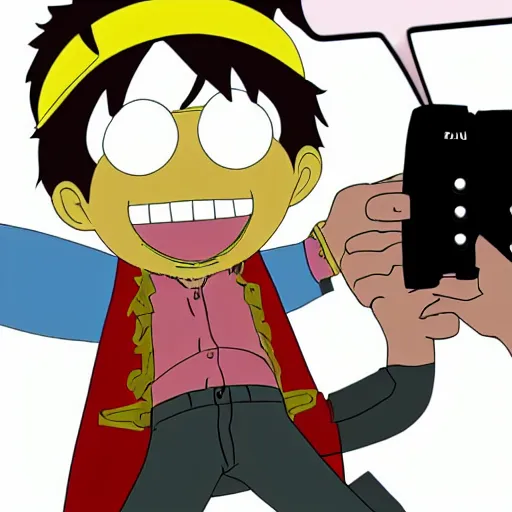 Prompt: saul goodman being a photograph and taking a photo of monkey d luffy, south park style