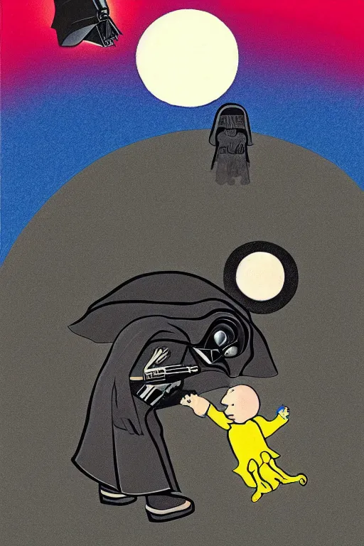 Image similar to an illustration of darth vader killing children in the style of goodnight moon by margaret wise brown