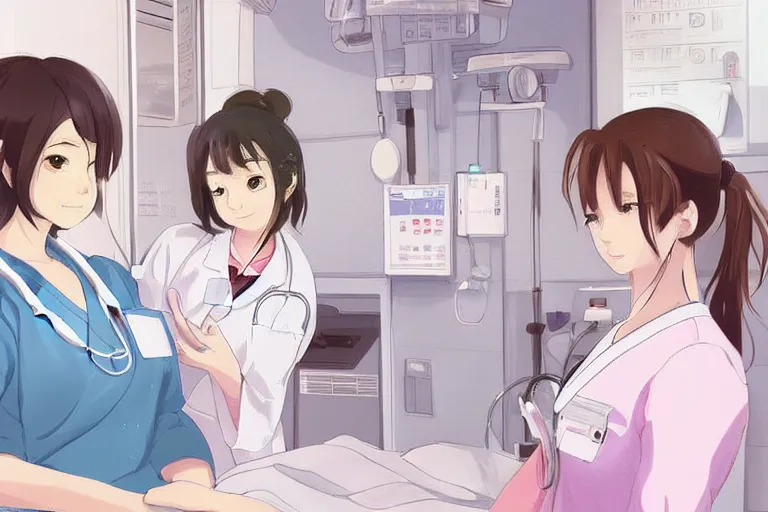 Image similar to a cute and beautiful young female doctor wearing white coat are talking with a nurse wearing pink coat in a hospital ward, highly detailed, digital painting, slice of life anime, illustration, anime scenery by Makoto shinkai